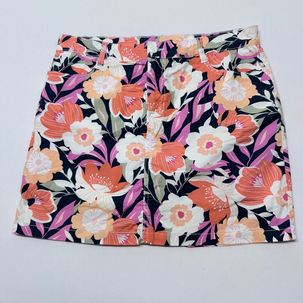 St Johns Bay Floral Mini Skirt Navy Coral Pink Cotton Stretch Size 12 76558-6
